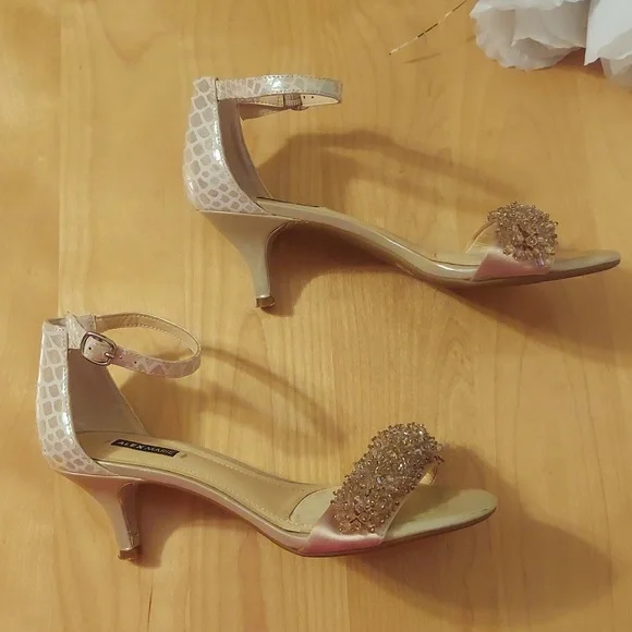 Alex Marie Champagne Beaded Animal Print Leather Ankle Strap Heels Size 6.5 - Picture 6 of 16